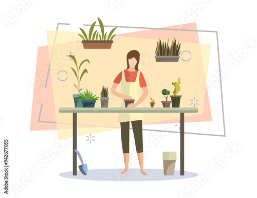 Young woman busy with houseplants. Flower shop, floriculture, greenhouse. Leisure concept. Vector illustration can be used for topics like hobby, houseplants, gardening