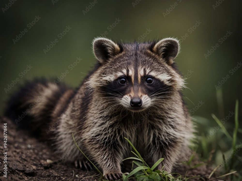Fototapeta premium adorable baby raccoon on solid color background ideal for banners and ads.