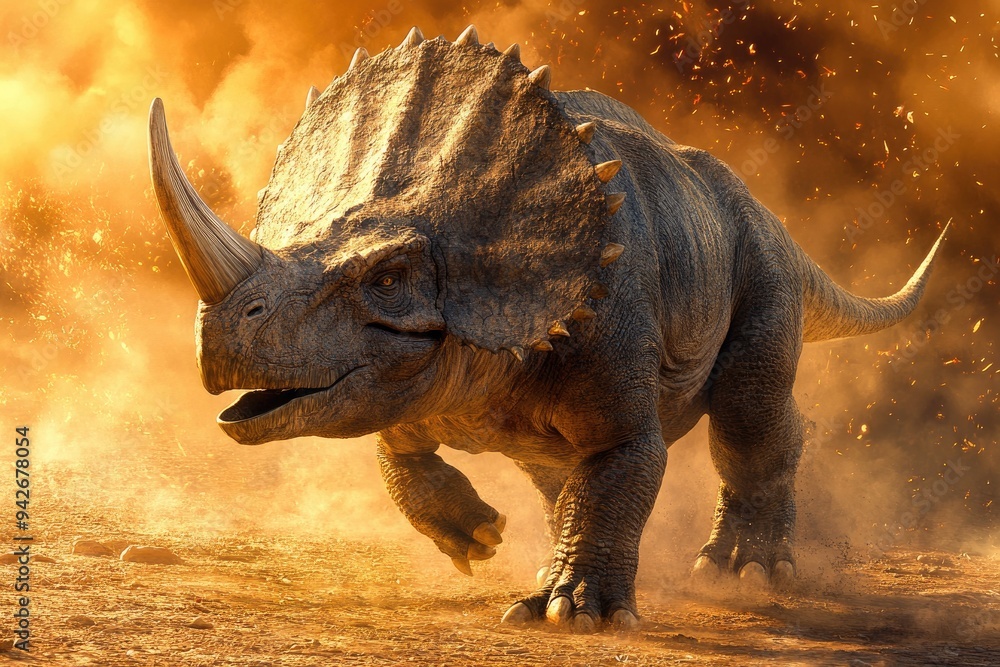 Fototapeta premium A Triceratops Dinosaur Charging Through Dust and Fire