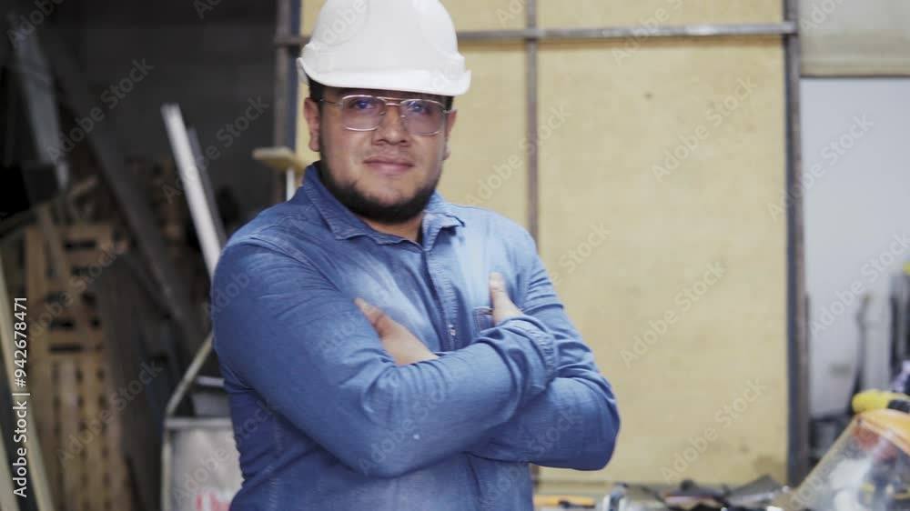 A man in a blue shirt and a white helmet stands in front of a wall. He is wearing a hard hat and safety glasses. He crosses his arms while looking at the camera A man in a blue shirt and a white helmet stands in front of a wall. He is wearing a hard hat and safety glasses. He crosses his arms while looking at the camera