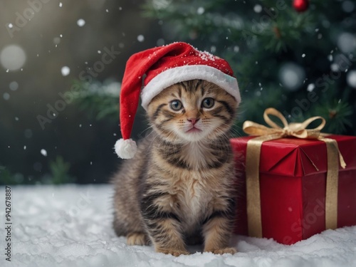 cute baby kitten cat wearing a red santa hat sitting in the snow with presents.