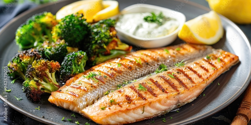 Grilled Fish Fillet with Steamed Broccoli and Tart Sauce Grilled Fish Fillet with Steamed Broccoli and Tart Sauce