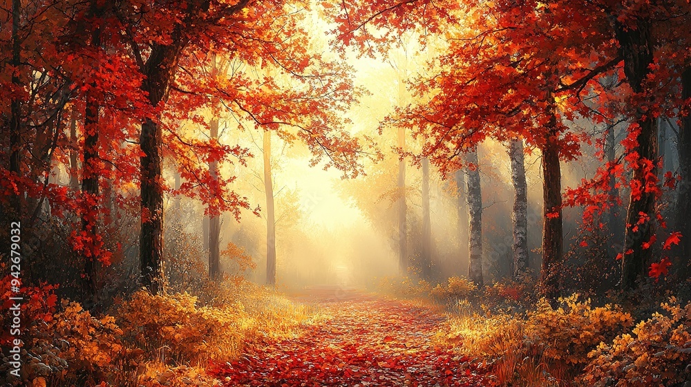 Colorful trees and footpath road in autumn landscape in deep forest. The autumn colors in the forest create a magnificent view. autumn view in nature Colorful trees and footpath road in autumn landscape in deep forest. The autumn colors in the forest create a magnificent view. autumn view in nature