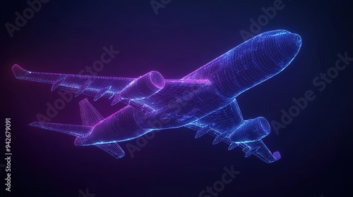 Airplane in Hologram Wireframe Style. Nice 3D rendering 