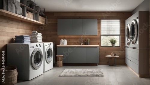 Modern Laundry Room with White Washer and Dryer