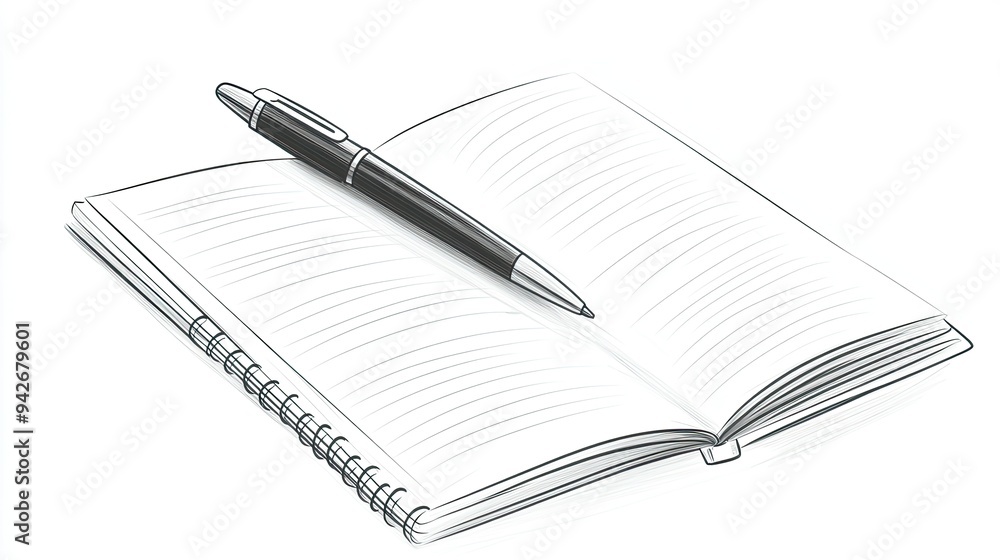 Abstract lines forming the outline of a pen and an open notebook, symbolizing creativity and writing, on a clean white background. Abstract lines forming the outline of a pen and an open notebook, symbolizing creativity and writing, on a clean white background.