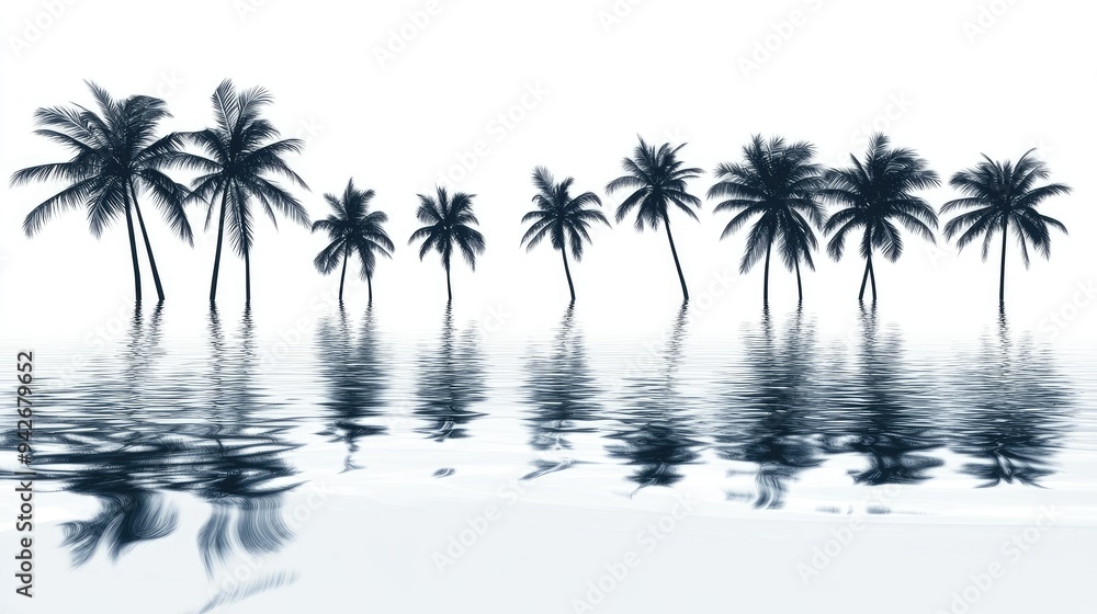 Abstract lines forming the silhouette of coconut trees with their reflections in the sea, set against a clean white background. Abstract lines forming the silhouette of coconut trees with their reflections in the sea, set against a clean white background.