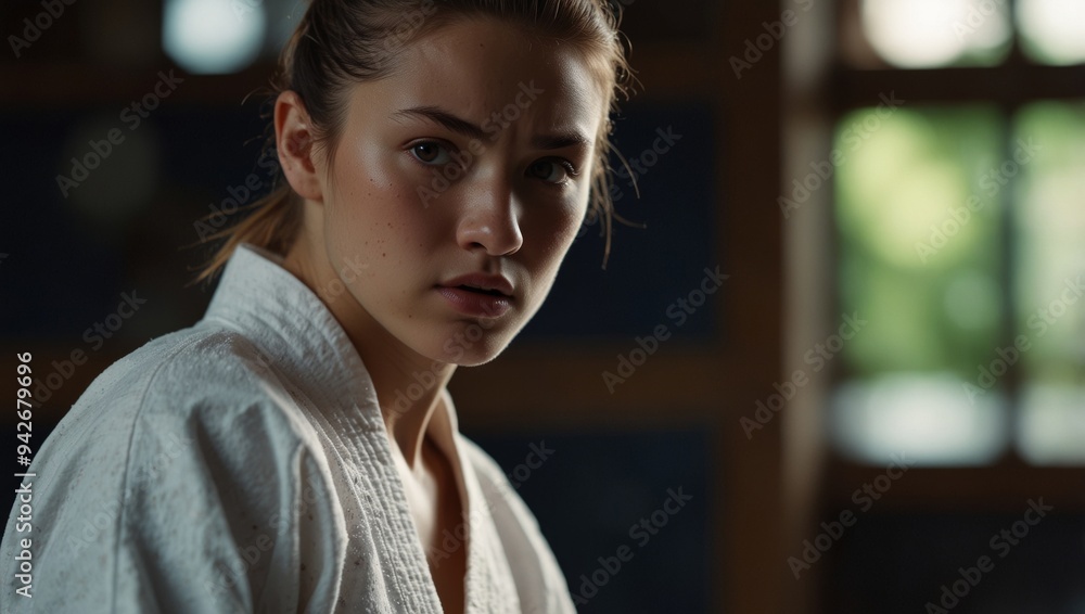 Karateka s focused gaze in summer olympics, displaying concentration and readiness for action. Karateka s focused gaze in summer olympics, displaying concentration and readiness for action.