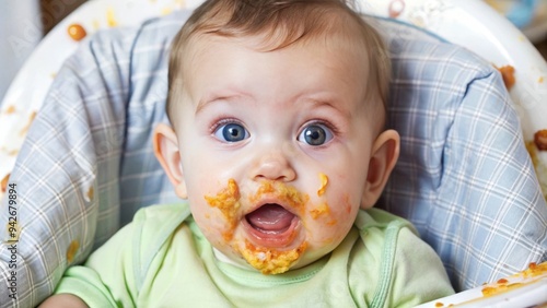 A Baby Covered in Food After a Messy Meal photo