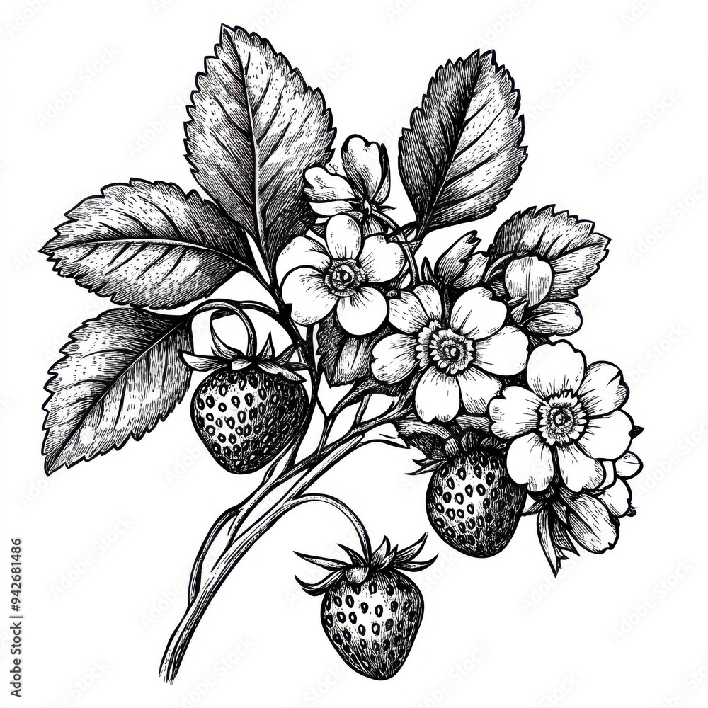 Black and white Vintage engraved art of a branch of strawberries with ...