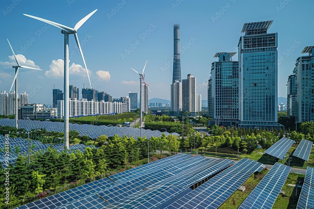 Wind turbines and solar panels in a modern city, representing renewable ...