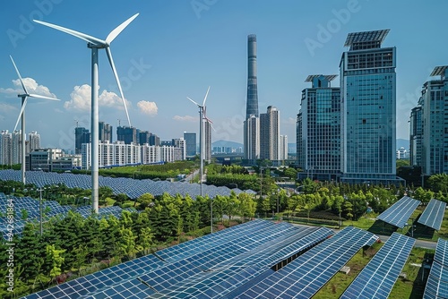 Wind turbines and solar panels in a modern city, representing renewable energy