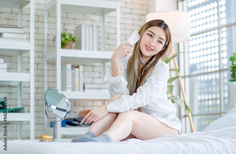 Asian young woman beautiful female happy smiling enjoying looking at the mirror with decorative makeup, beauty products, and cosmetics while sitting on white bed, Concept of teenage lifestyle at home Asian young woman beautiful female happy smiling enjoying looking at the mirror with decorative makeup, beauty products, and cosmetics while sitting on white bed, Concept of teenage lifestyle at home