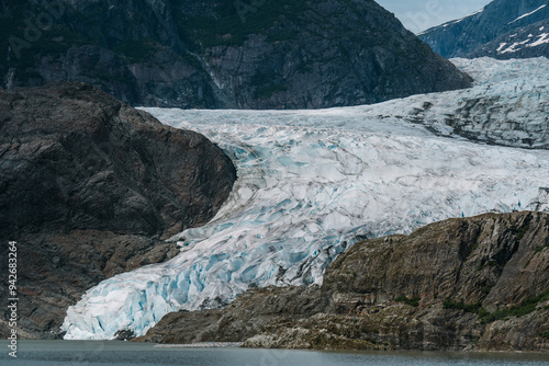 Mendenhall Glacier and lake view from shoreline in Juneau, Alaska photo