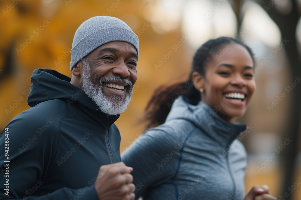 man and a woman are running together and smiling. The man is wearing a gray hat and the woman is wearing a gray hoodie man and a woman are running together and smiling. The man is wearing a gray hat and the woman is wearing a gray hoodie