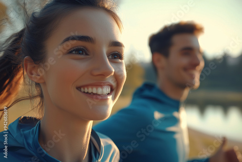 woman and a man are smiling and running together. The woman is wearing a blue shirt and the man is wearing a blue shirt as well