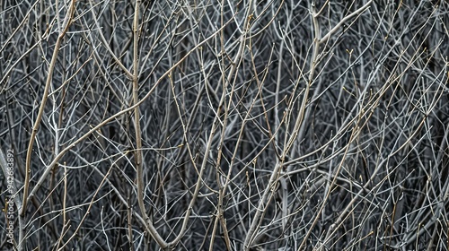 Close up of intertwined branches creating a tangled natural pattern.