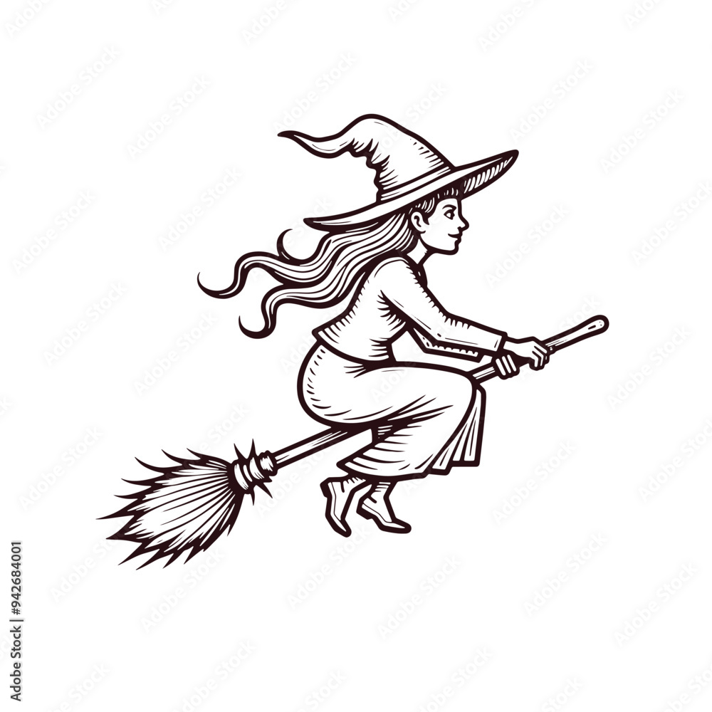 Fototapeta premium Vintage Style Engraved Witch Broomstick Vector Illustration