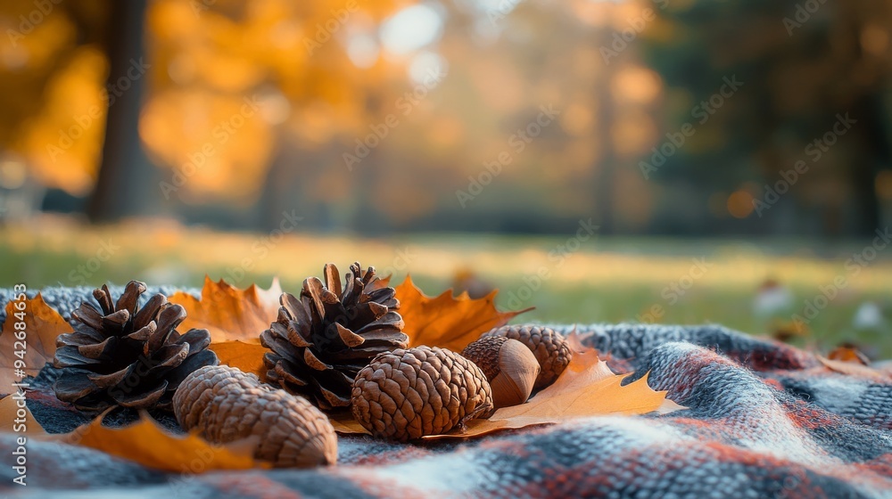 Autumnal still life with pine cones and leaves on a plaid blanket against a fall forest backdrop Autumnal still life with pine cones and leaves on a plaid blanket against a fall forest backdrop