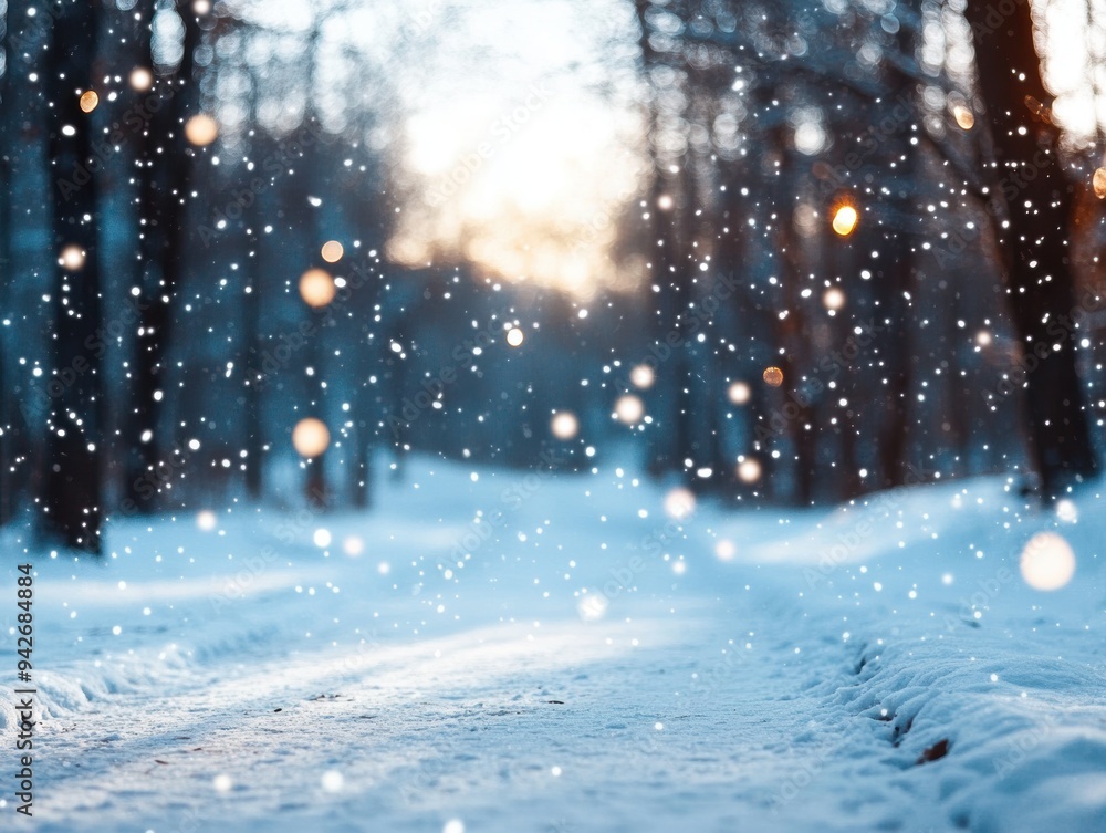 A pristine snow-covered path winds through a tranquil forest, with delicate snowflakes gently dusting the serene landscape. A pristine snow-covered path winds through a tranquil forest, with delicate snowflakes gently dusting the serene landscape.