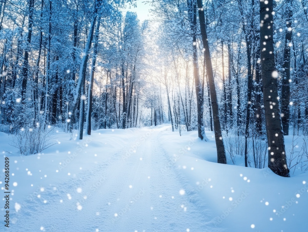 A pristine snow-covered path winds through a tranquil forest, with delicate snowflakes gently dusting the serene landscape. A pristine snow-covered path winds through a tranquil forest, with delicate snowflakes gently dusting the serene landscape.