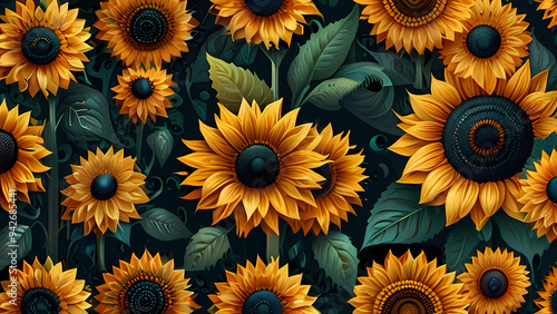 Abstract illustration with a sunflower theme using geometric shapes and gradients