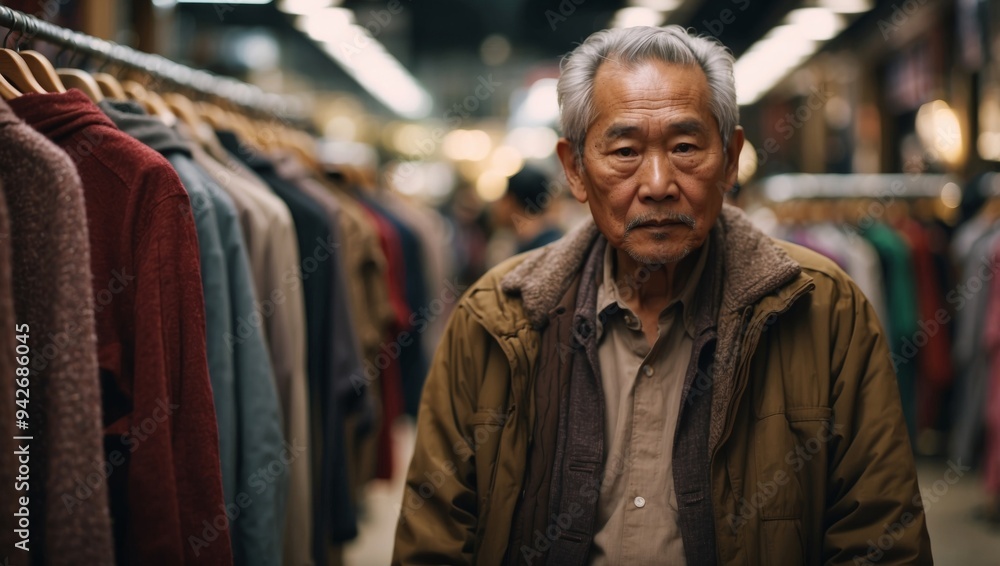 Old Asian man looking for clothes in a clothes shop. Old Asian man looking for clothes in a clothes shop.