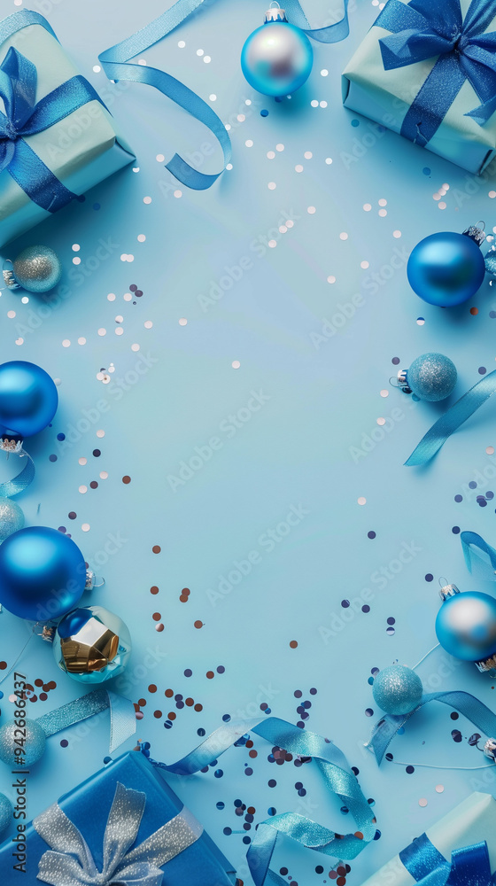 Christmas and New Year holiday blue mockup background. Christmas gifts on blue background top view. Flat lay