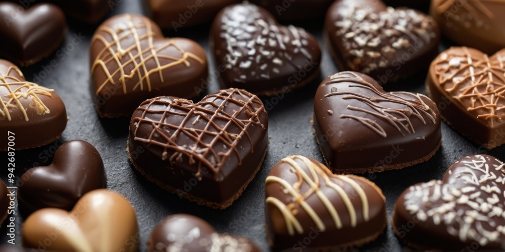 Close-up of assorted chocolate hearts, perfect for themes of love, dessert recipes, or confectionery marketing, evoking indulgence and romance. Close-up of assorted chocolate hearts, perfect for themes of love, dessert recipes, or confectionery marketing, evoking indulgence and romance.