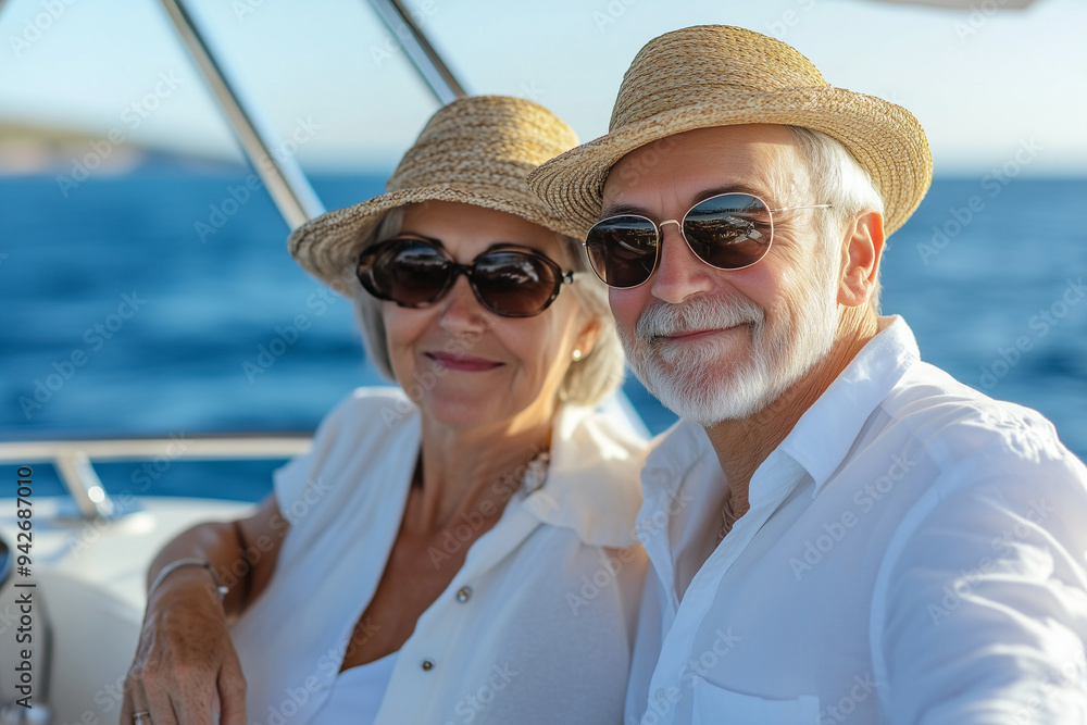 couple in white clothing and straw hats are smiling for the camera on a boat. Scene is happy and relaxed, as the couple appears to be enjoying their time together on the water couple in white clothing and straw hats are smiling for the camera on a boat. Scene is happy and relaxed, as the couple appears to be enjoying their time together on the water