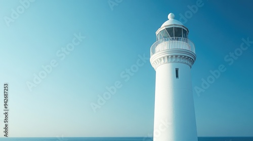 Lighthouse white sky blue. Generative AI photo