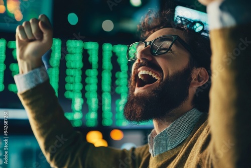 Traders Gesturing on Stock Market Floor with Green Numbers Displayed photo