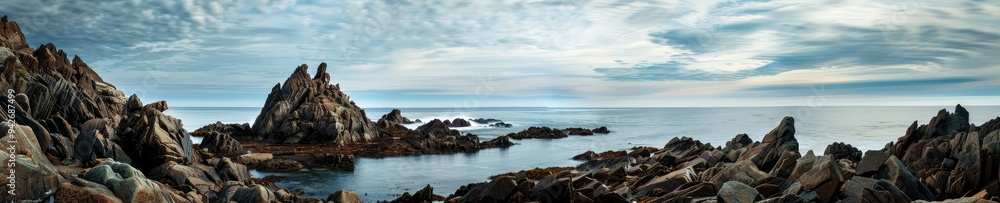 Rugged beauty of wide-angle rocky shoreline. Rugged beauty of wide-angle rocky shoreline.