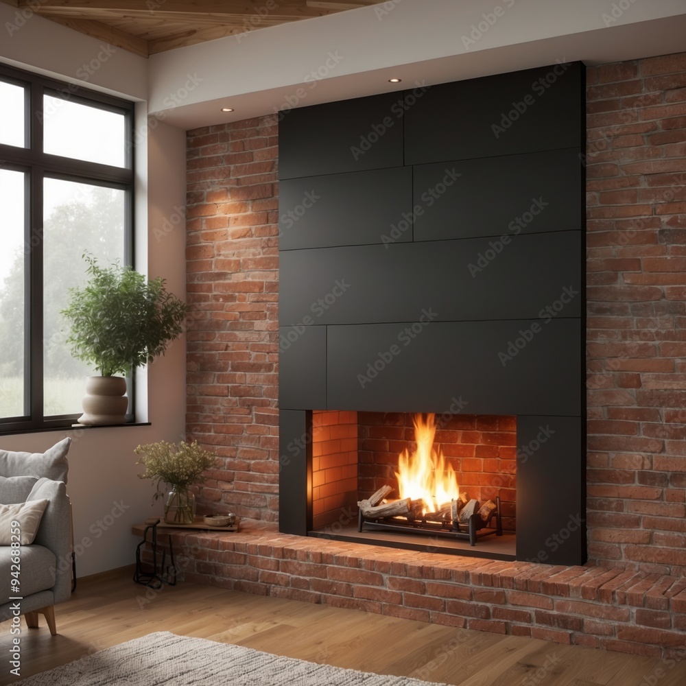 Modern Fireplace with Brick Surround and Burning Fire Modern Fireplace with Brick Surround and Burning Fire