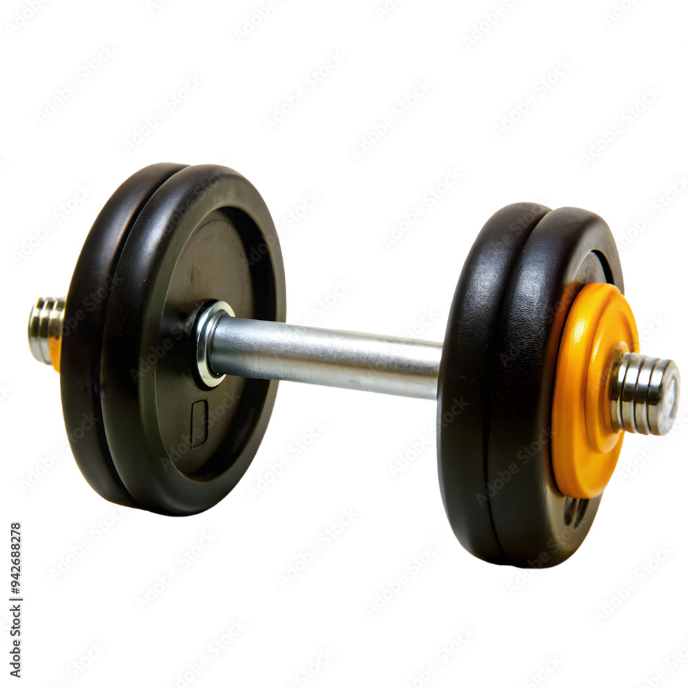 A black dumbbell with golden accents on the weight plates, set against a white background. It has a sturdy, metallic handle for weight training exercises, on a transparent background A black dumbbell with golden accents on the weight plates, set against a white background. It has a sturdy, metallic handle for weight training exercises, on a transparent background