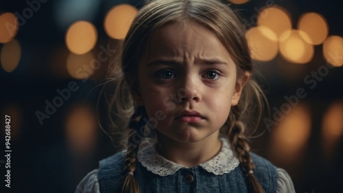 Little girl with sad expression on her face.