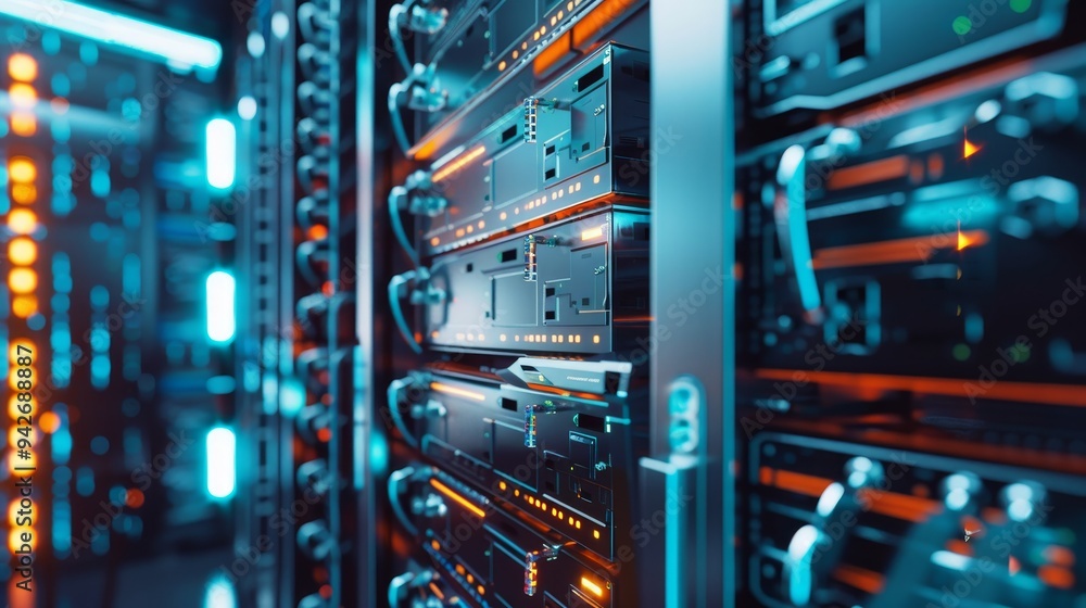 Cutting-edge AI server room with deep depth of field, showcasing technological innovation and ample copy space. Cutting-edge AI server room with deep depth of field, showcasing technological innovation and ample copy space.