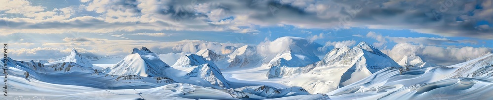 Snow-Covered Mountain Tops, Wide Winter Wilderness View Snow-Covered Mountain Tops, Wide Winter Wilderness View