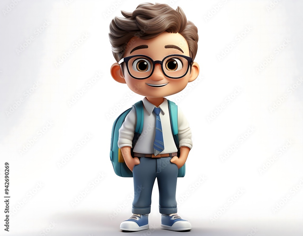 A cute cartoon boy student character with a school bag and colorful shoes, set against a white Background A cute cartoon boy student character with a school bag and colorful shoes, set against a white Background