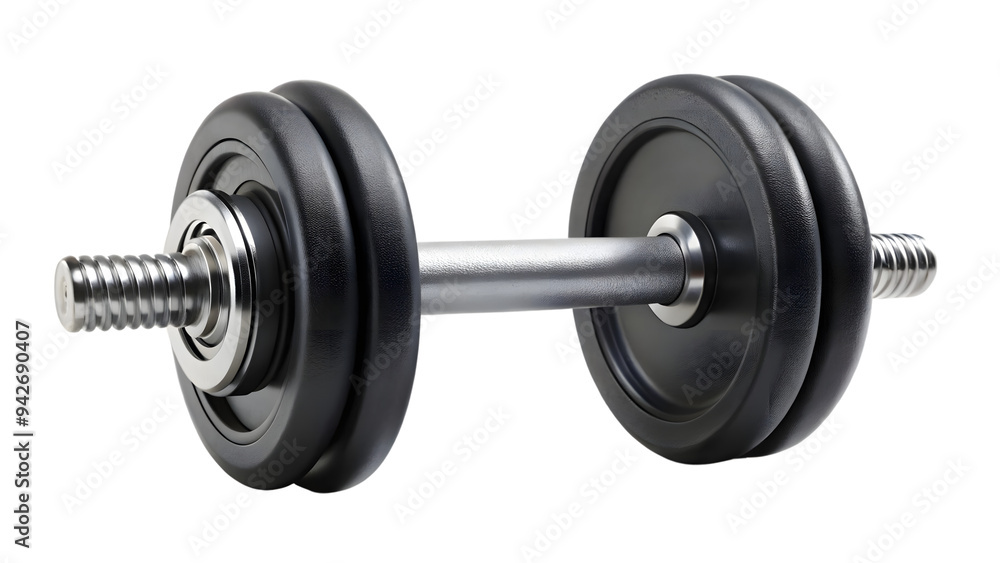 A sleek, metallic dumbbell with black weight plates on each side. The smooth handle and shiny ends reflect its sturdy, high-quality design, on a transparent background A sleek, metallic dumbbell with black weight plates on each side. The smooth handle and shiny ends reflect its sturdy, high-quality design, on a transparent background
