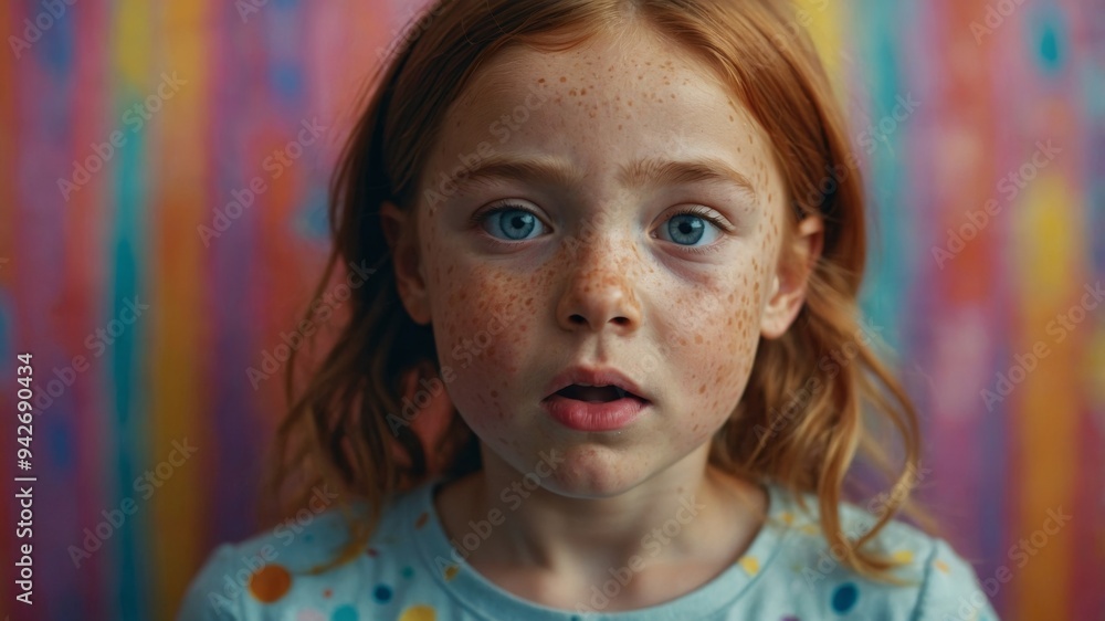 Little funny girl freckles on face at surprise on face on colorful abstract background. Little funny girl freckles on face at surprise on face on colorful abstract background.
