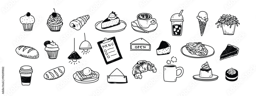 Naklejka premium Bakery in Hand-drawn style set , Drawing of cafe elements for design menu label packaging . icons vector illustration