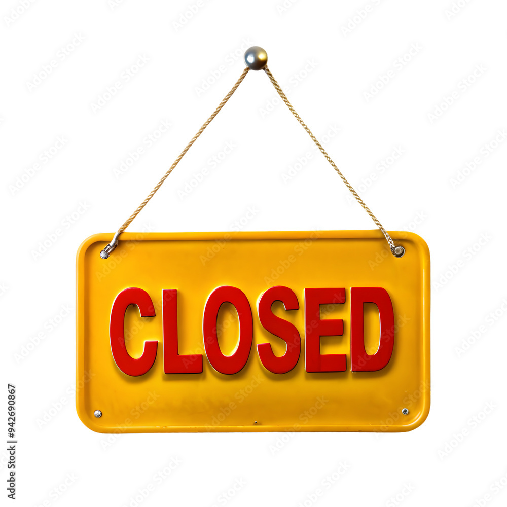 A yellow CLOSED sign with bold red letters hanging from a string. The sign is vibrant and stands out, signaling the shop's closure, on a transparent background A yellow CLOSED sign with bold red letters hanging from a string. The sign is vibrant and stands out, signaling the shop's closure, on a transparent background