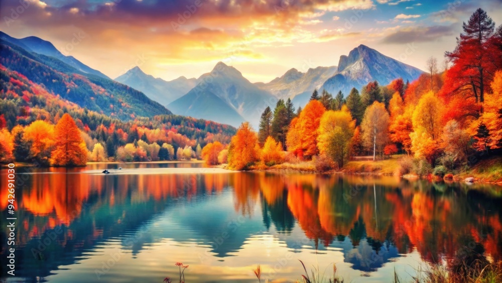 Obraz premium Mountain Lake Reflecting Autumn Foliage and Sky