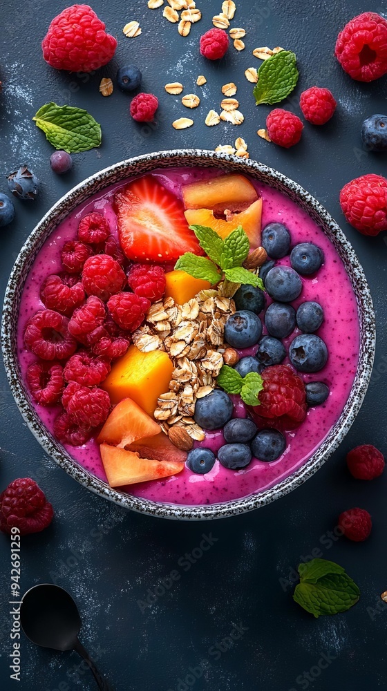 Vibrant smoothie bowl topped with fresh fruits, granola, and mint leaves, perfect for a healthy breakfast or snack. Vibrant smoothie bowl topped with fresh fruits, granola, and mint leaves, perfect for a healthy breakfast or snack.