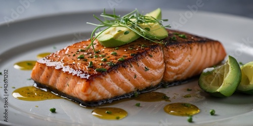 A seasoned and seared salmon fillet with a smooth and subtle avocado oil glaze adding a delicate touch to the dish. photo