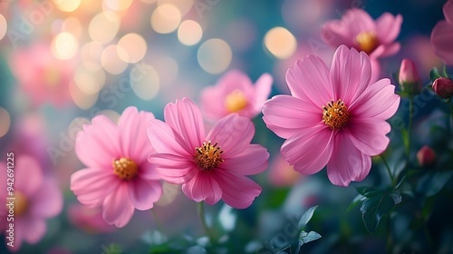 Field of Cosmos bipinnatus, pink flowers swaying in breeze
 photo