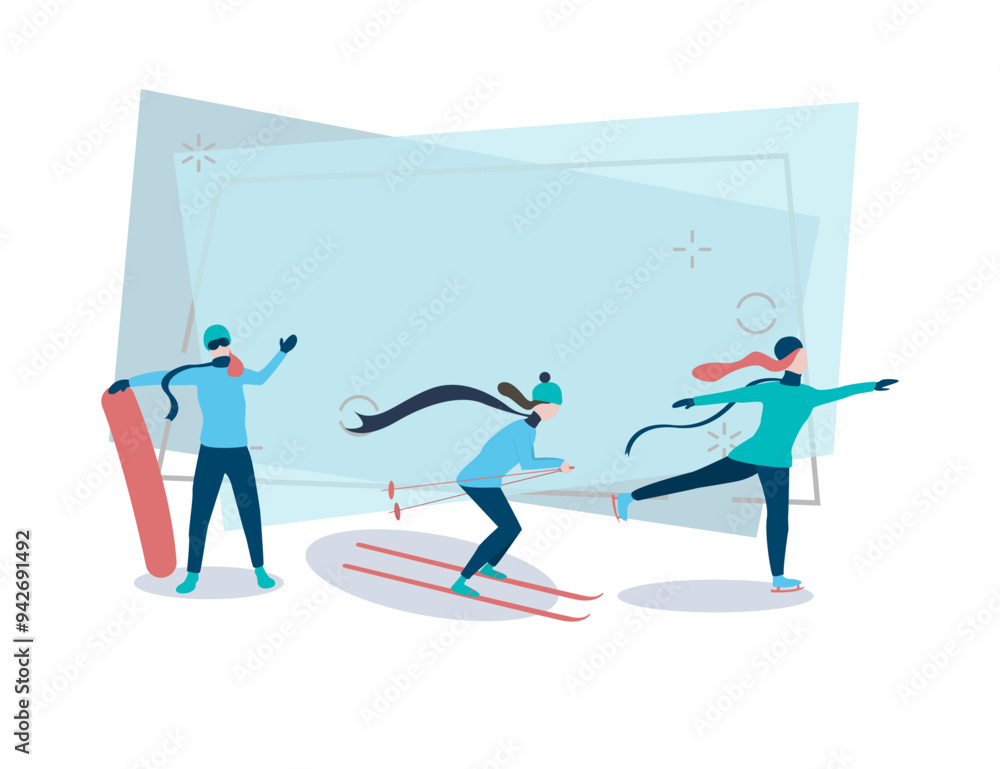 Obraz premium Young people doing sports vector illustration. Women skiing, skating and snowboarding. Winter activity concept. Can be used for topics like winter, sport, hobby