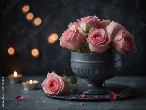 Composition of delicate pink rose in a cake holder on dark grey background Romantic shabby chic decor.