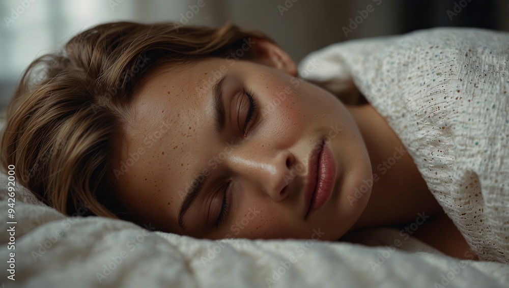 Pretty woman sleeping well, sweet dreams of beautiful young woman in the early morning, good night sleep, organic cotton linen bedding, copy space. Pretty woman sleeping well, sweet dreams of beautiful young woman in the early morning, good night sleep, organic cotton linen bedding, copy space.